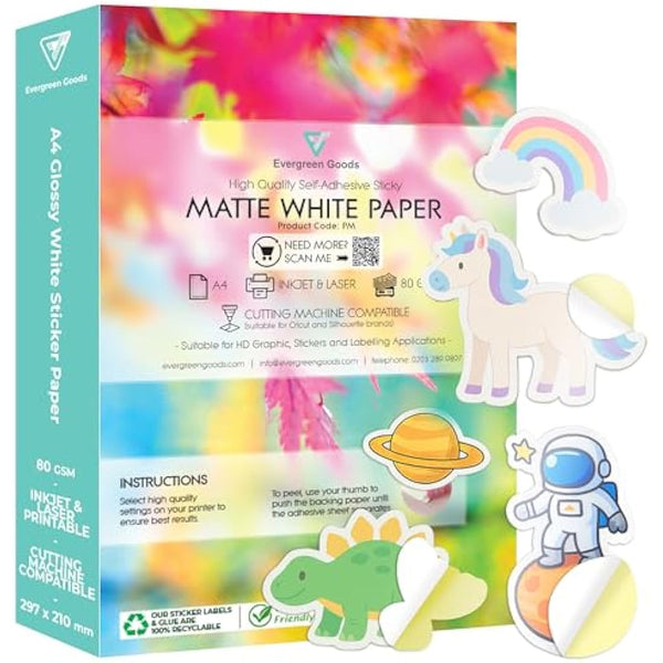 Evergreen Goods 100 Sheets A4 White Matte Sticker Paper | Inkjet & Laser Printable Self Adhesive Sticky Back Label | Create Product Labels | for Arts & Crafts