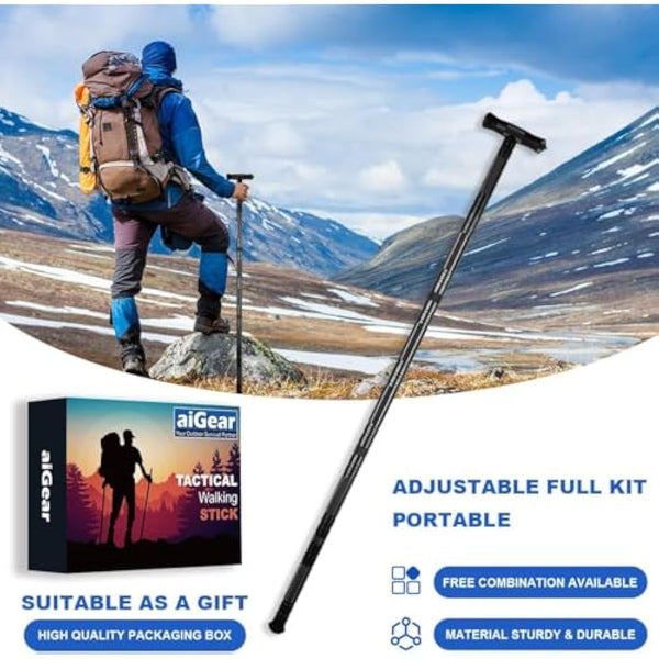aiGear Tactical Stick/Hiking Walking Trekking Poles | CNC Machined Aluminum Tactical Cane - Adjustable Length | For Hiking Camping Mountaining Backpacking | Color Black