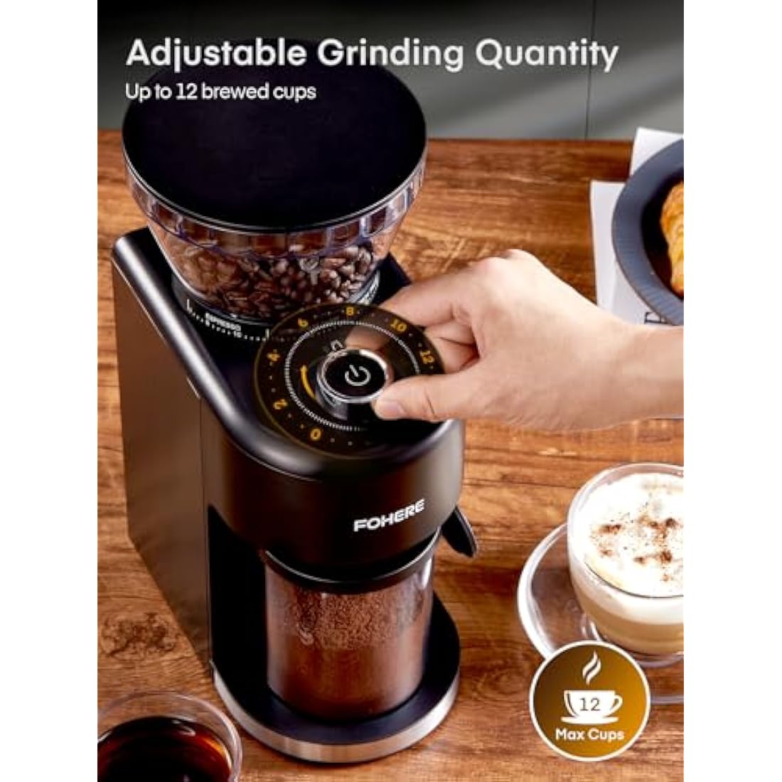 FOHERE Conical Burr Coffee Grinder Electric, Coffee Bean Grinder with 35 Precise Grind Setting, Adjustable Burr Grinders, Anti-static Burr Coffee Grinder for Espresso, Drip Coffee, French Press, Black