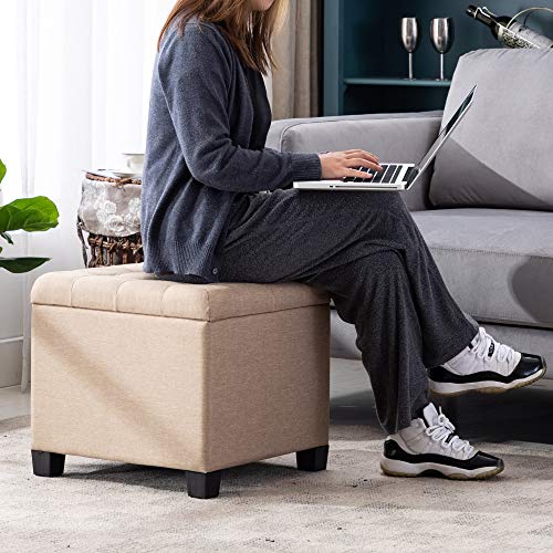 HNNHOME Pouffe Footstool Ottoman Storage Box, 45cm Cube Strong Wooden Frame Linen Living Room Foot stool, Toy Chest, Dressing Stool Seat Chair with