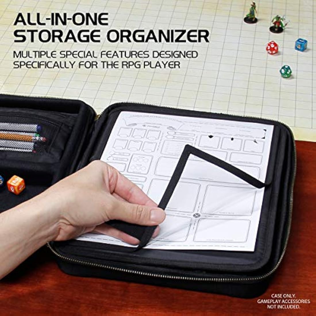 ENHANCE RPG Organizer Case - DND Binder with Built-in Character Sheet Holder and Erasable Scribe Panel, Dice Rolling Area, Removable Pen Pouch, Miniature Foam Tray, Wrist Strap, and More (Black)