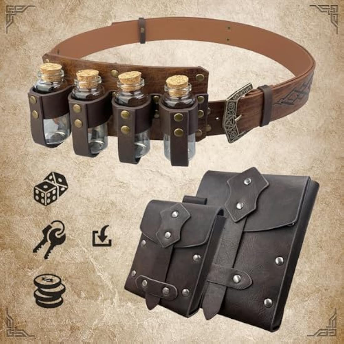 EpicCos 4 PCs Medieval Alchemy Belt Waist Pack Combo with Multiple Potion Bottles, Viking Rivet Belt Side Pouch for Cosplay (Brown B)
