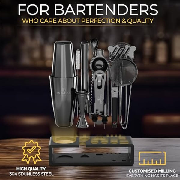 EMPATION Cocktail Making Kit Black, 825ml Cocktail Shaker, 18 Piece Cocktail Set, Boston Cocktail Shaker Set without jamming, Cocktail Kit for Pros & Beginners, Bartender Kit, Cocktail Maker Set