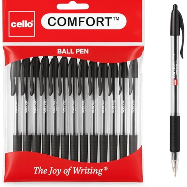 Cello Comfort Ballpoint Pens - Premium Retractable Biro Pens with Ergonomic Grip, Medium Point 1.0mm, Black Ink, Pack of 12 - Ideal for Office, School & Home Writing