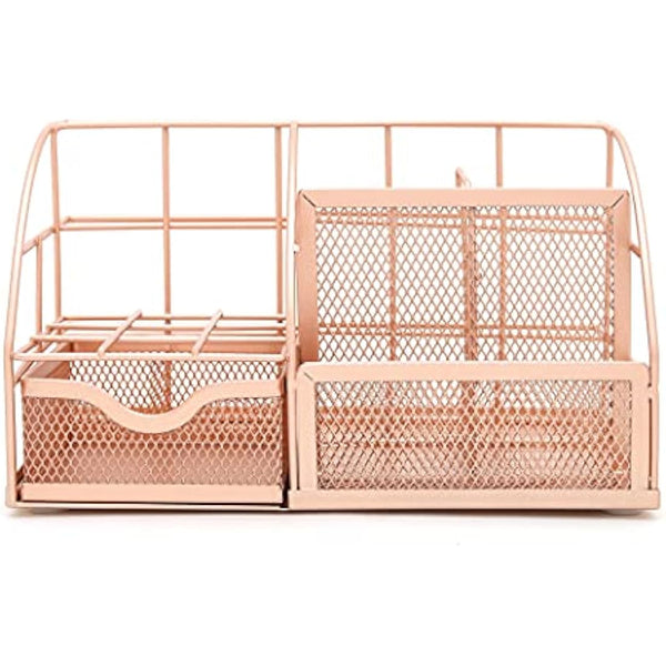 EXERZ Desk Organiser/Mesh Desk Tidy Caddy/Pencil Holder Multifunctional with 7 Compartments - Rose Gold