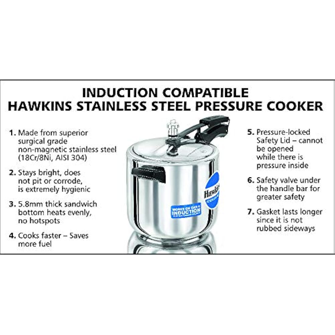 Hawkins Stainless Steel Induction Compatible Pressure Cooker, 6 Litre, Silver (HSS60)