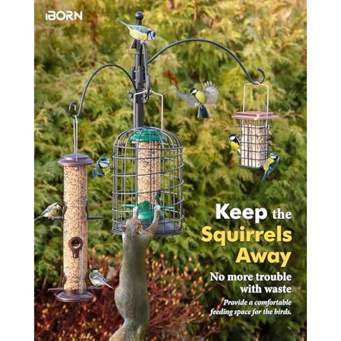 iBorn Squirrel Proof Bird Feeder with Squirrel, Pestoff Hanging Wild Bird Seed Feeder for Mix Seed Blends, Sunflower Heart, Birdbath, Heavy Duty All Metal Anti-UV Finishing, Green 8 Inch