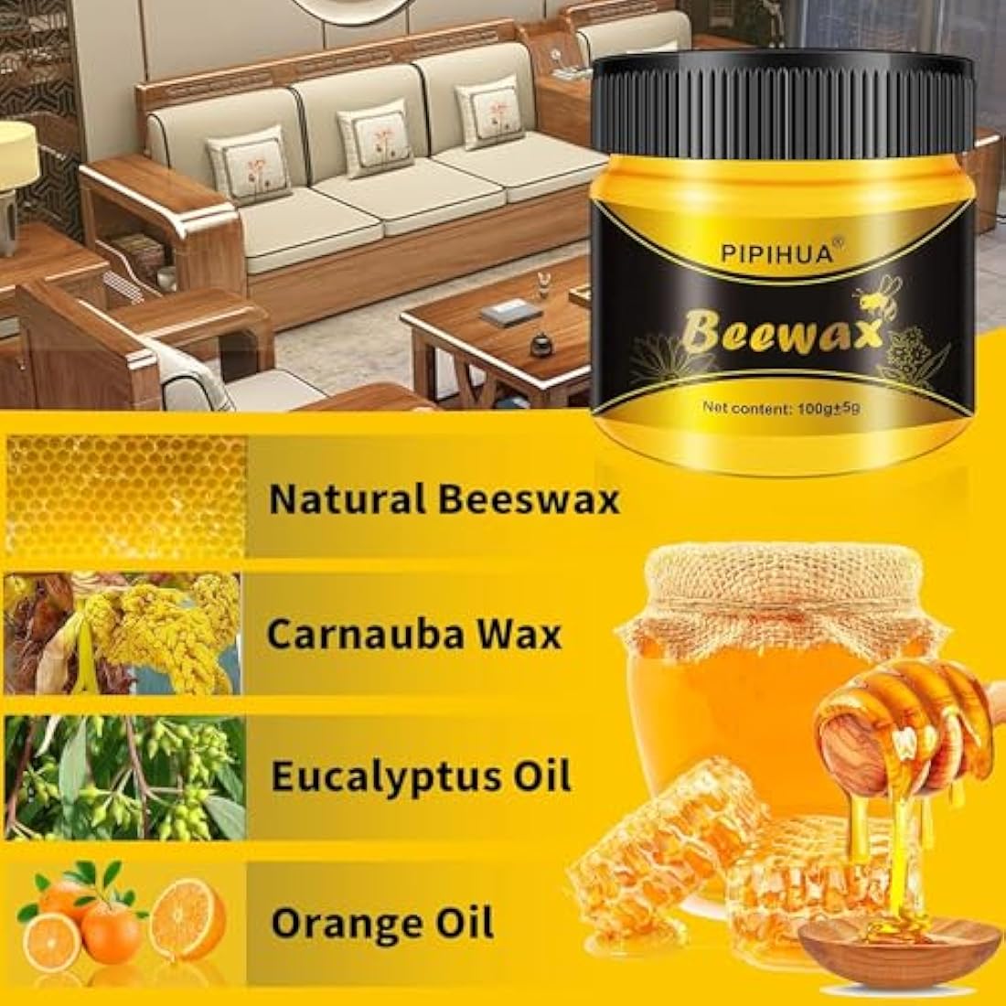 PIPIHUA Beeswax Polish for Wood, Multi-purpose Furniture Polish for Waterproofing & Protection, Natural Beeswax Traditional Wood Wax for All Types and Colours, 4×100g with 8 Sponges