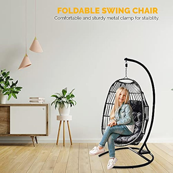 SEDOL Hanging Egg Chair with Stand – Foldable Rattan Swing Chair for Garden, Patio or Balcony – Indoor Outdoor Collapsible Hanging Seat with Cushion – Summer Relaxation Garden Chair (Grey)