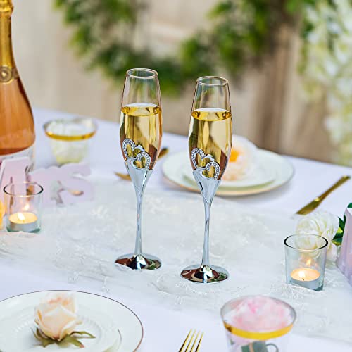 Personalised Champagne Glasses Wedding Gifts - Set of 2 Mr and Mrs Champagne Flutes with Engraved Wooden Gift Box Silver Crystal Champagne Glass