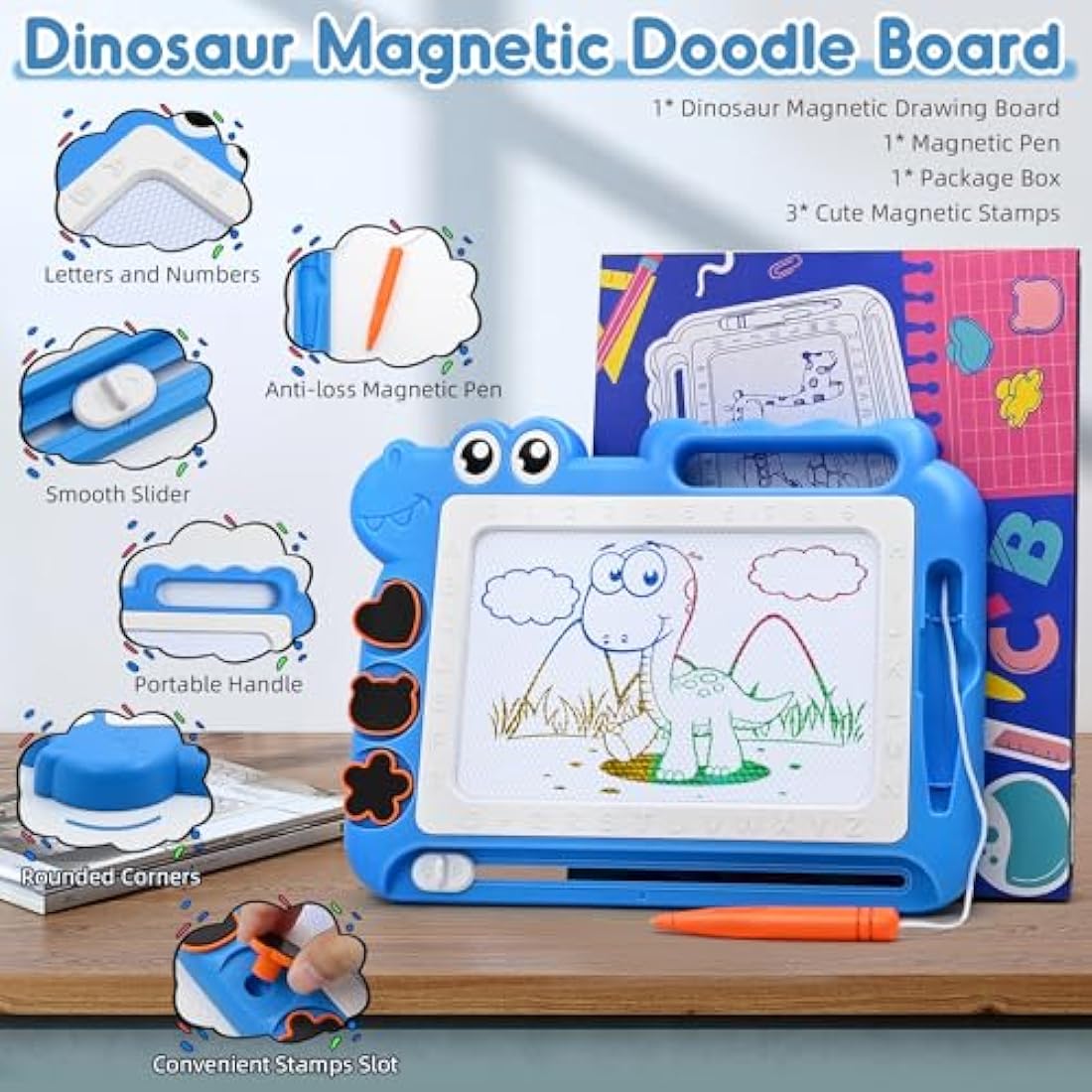 AiTuiTui Dinosaur Magnetic Drawing Board Kids Toys for 2 3 4 5 Years Old Girls Boys Birthday, Color Erasable Doodle Education Learning Kid Age 2-7, Toddler Drawing Travel Toys (Blue)
