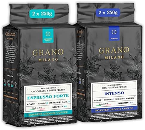Grano Milano Ground Coffee 1kg, Variety Pack Arabica and Robusta, Medium and Dark Roast Strong Coffee, Made in Italy