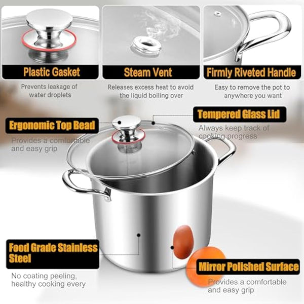 Joyfair Large Stock Pot, 10L Tri-Ply Stainless Steel Stockpot with Glass Lid, Induction/Gas/Ceramic/Electric/Halogen Safe Soup Pot for Simmering Stewing, Heavy-Duty & Riveted Handles & Easy Clean