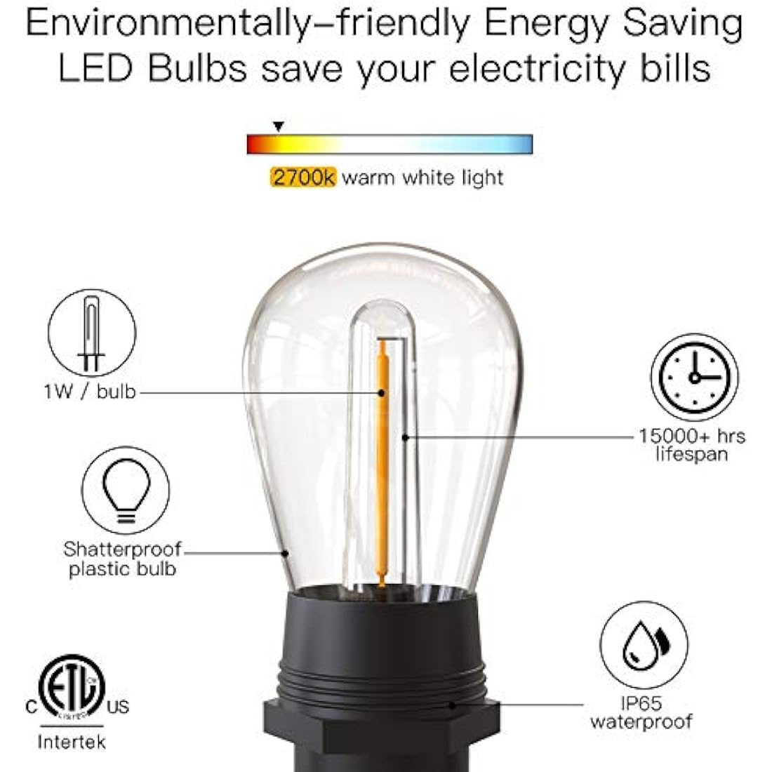 Festoon Lights Outdoor, GlobaLink 53FT/16M S14 Outdoor Garden LED String Lights, IP65 Waterproof Outdoor String Lights Main Powered 2700K 15+1(Spare) Bulbs for Outside Patio Terrace Yard Wedding Party