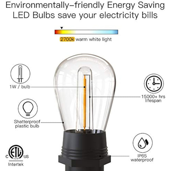 Festoon Lights Outdoor, GlobaLink 53FT/16M S14 Outdoor Garden LED String Lights, IP65 Waterproof Outdoor String Lights Main Powered 2700K 15+1(Spare) Bulbs for Outside Patio Terrace Yard Wedding Party