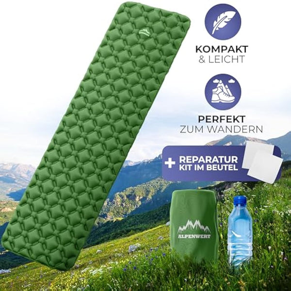 ALPENWERT Outdoor Sleeping Mat [Small Pack Size & Ultralight] Air Mattress Perfect for Camping, Hiking, Backpacking and Much More - Inflatable Sleeping Mat (Green)