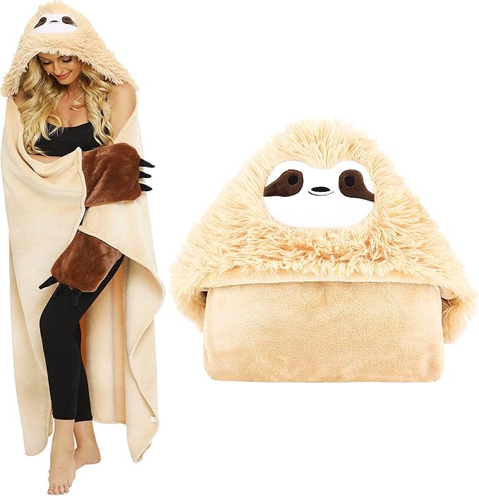 Shoppawhile Sloth Gifts for Women Wearable Hooded Blanket Soft Cute Warm Fluffy Sloth Hooded Blanket 59 * 51 inch