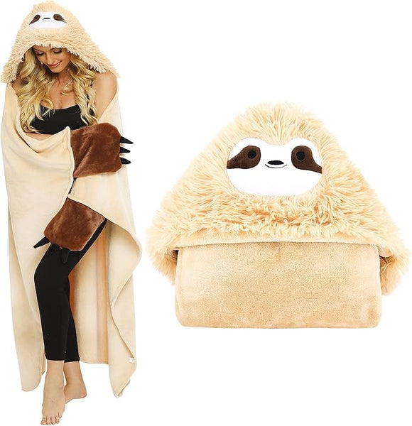 Shoppawhile Sloth Gifts for Women Wearable Hooded Blanket Soft Cute Warm Fluffy Sloth Hooded Blanket 59 * 51 inch