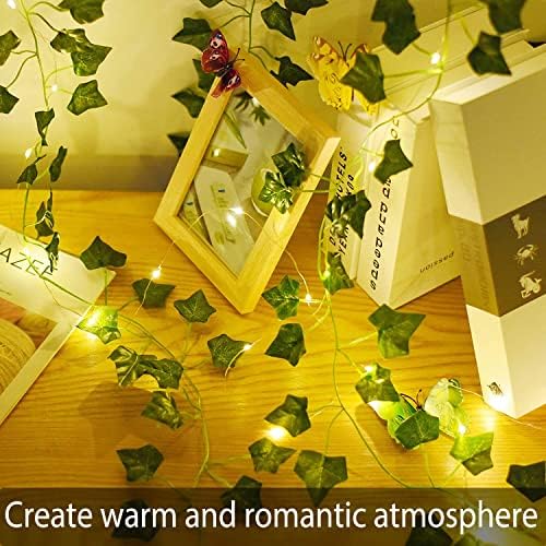 Fielegen 4 Pack 2 Meter Vine with Lights, Fake Ivy String Lights Battery Operated 80 LED Green Leaf Lights, Artificial Garland Plant Vine Fairy Light for Bedroom, Garden, Wall, Room, Party Decor