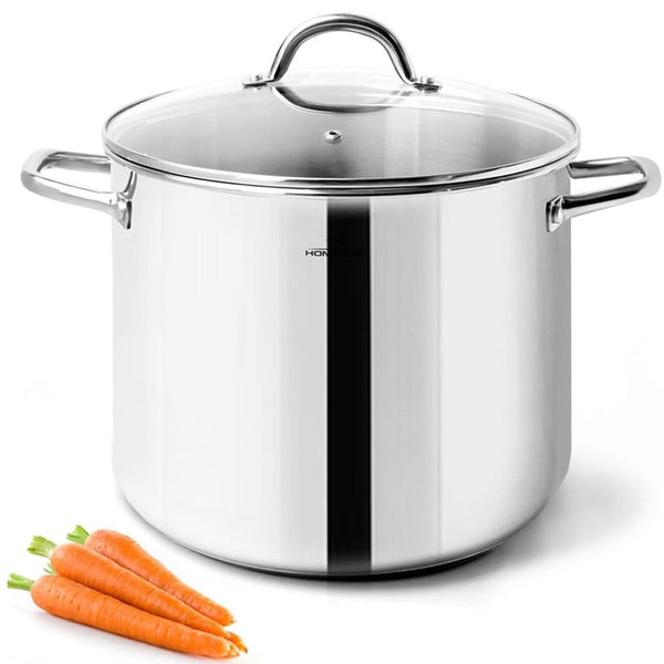 HOMICHEF Stock Pot 24.5 cm 9.5 Litre with Glass Lid - Nickel Free Stainless Steel 9.5 Litre Pot with Handle - Mirror Polished Stock Pot 9.5 Litre -