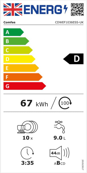 COMFEE' Freestanding Dishwasher CDWEF1034BW-UK 45cm Width, Slimline Dishwasher with 10 place settings, Quick Wash, Hygiene Wash, Delay Start, Half Load, Adjustable Basket - White