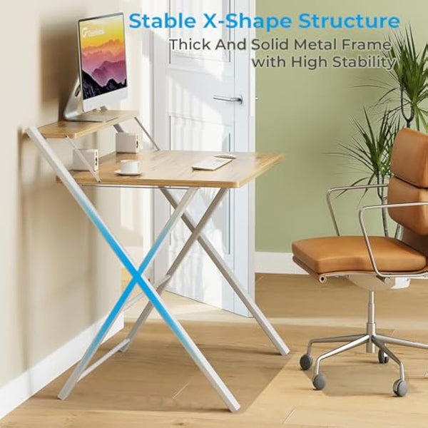 GreenForest Folding Desk No Assembly Required,Computer Desk with Monitor Shelf,Small Desk for Small Space,Oak