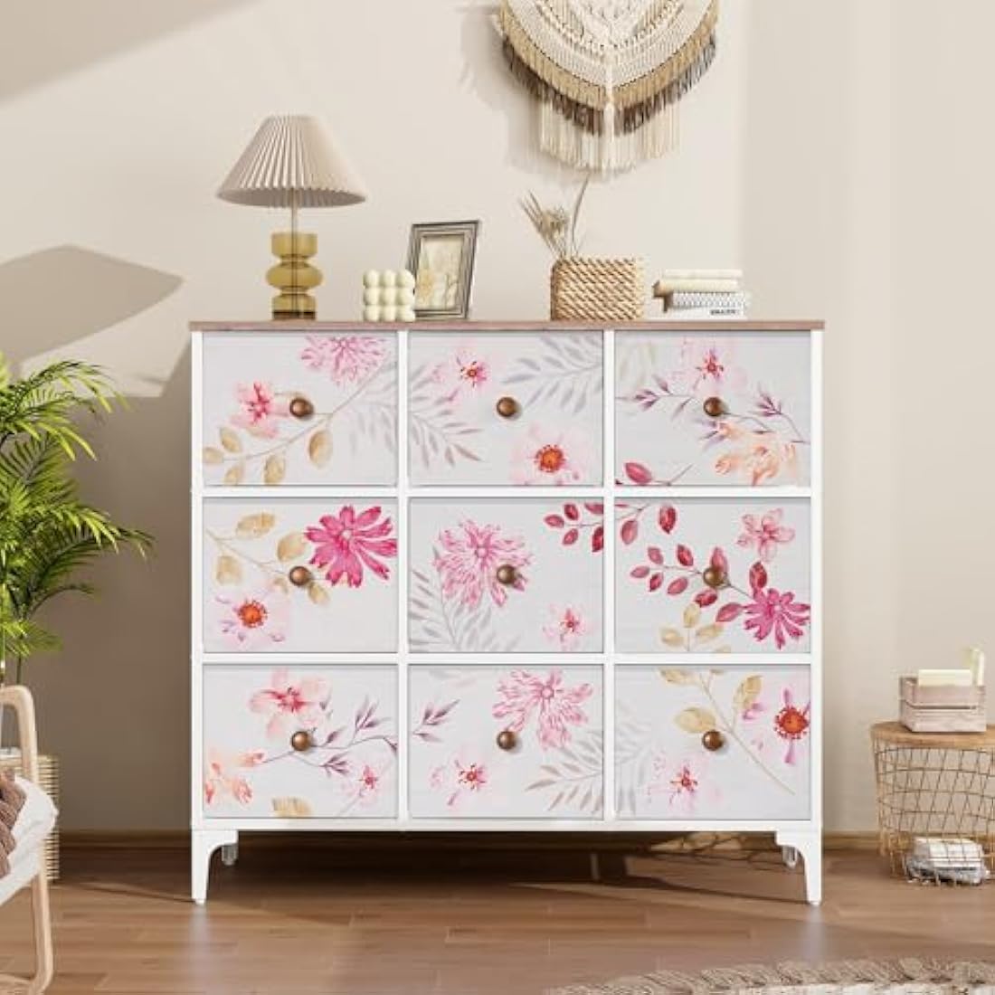 LYNCOHOME Chest of Drawers, Pink Bedroom Furniture with 9 Fabric Drawers, Storage Unit with Metal Frame and Wooden Top for Bedroom Living room, Nursery, Closet