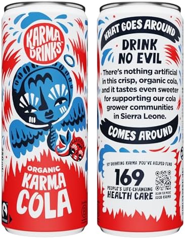 Karma Drinks Karma Cola (250ml x 24 Cans Soft Drink) - Organic, Gluten Free Organic Cola, Natural Ingredients, FairTrade, Vegan Friendly, No GMO, Carbonated Fizzy Drinks 24 Pack