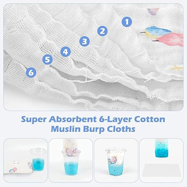 Maliton Muslin Cloths for Baby,6pk 50x25CM Burp Cloths for Baby Girls,100% Cotton Absorbent& Soft& Breathable 6 Layers Baby Muslins Pack,Muslin Squares Baby Essentials for Newborn(Fairy Tale, 6 Pack)