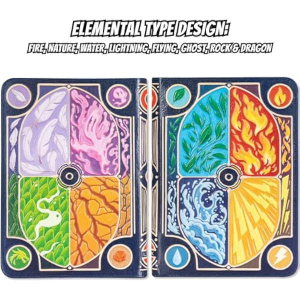 3D Card Binder for Pokemon - Stunning 3D Raised Elemental Design in PU Leather with Zipper - Includes 9 Pocket Pages for 360 Cards. Great Sleeve Album/TCG Holder/Trading Card Collection Book Gift.