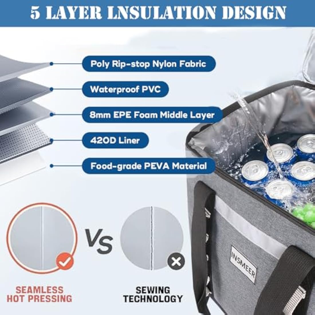 INSMEER Large Cooler Bag 65 Can, Soft Cooler Insulated 48L Foldable/Collapsible/Leakproof,with Opener&Removable Shoulder Strap, Portable Thermal Bag for Beach Picnic Grocery Shopping Camping