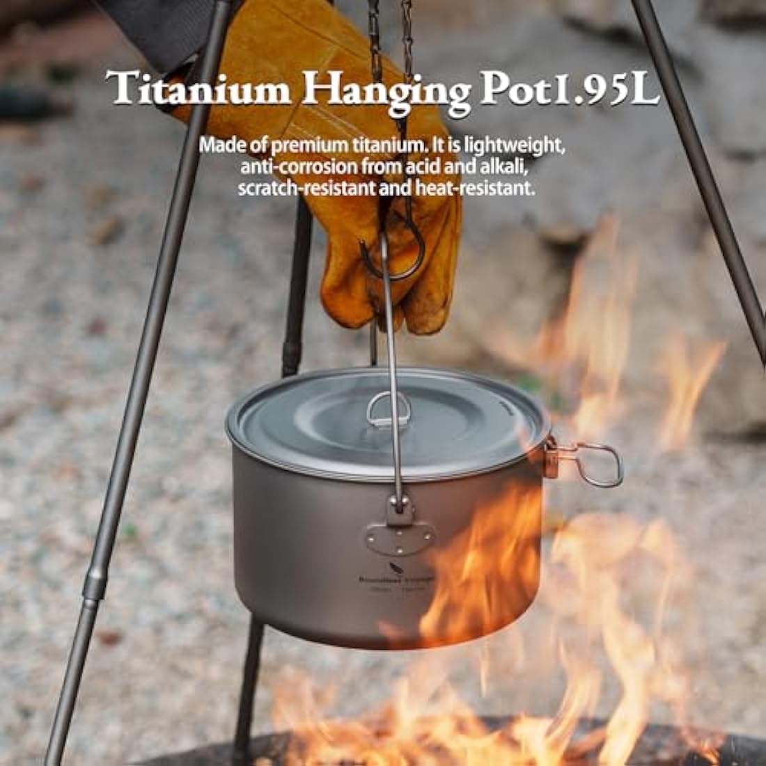 iBasingo 1.95L Camping Titanium Pot Cookware Hanging Stockpot Outdoor Small Bowl Cup Lightweight Hiking Picnic Portable Campfire Cooking Kit Travel 1 Person Kitchenware Tableware Mess Kit Ti2044C