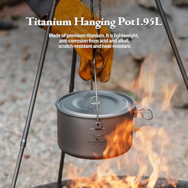 iBasingo 1.95L Camping Titanium Pot Cookware Hanging Stockpot Outdoor Small Bowl Cup Lightweight Hiking Picnic Portable Campfire Cooking Kit Travel 1 Person Kitchenware Tableware Mess Kit Ti2044C