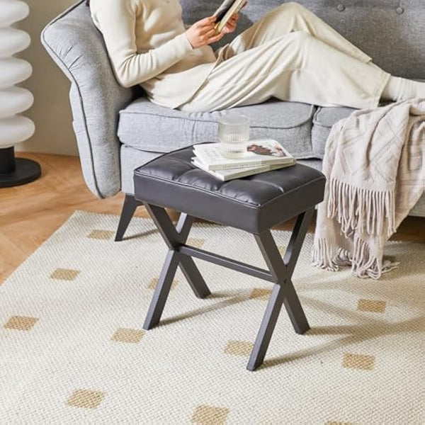 IBUYKE Square Makeup Stool with X-Leg Foot Rest, PU Footrest Stool, Ottoman Seat Vanity Stool, Multi-Use as Small Side Table, for Bedroom, Living Room, Black L/G-71B