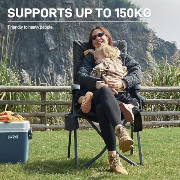 EVER ADVANCED Luxury Camping Chairs 2 Set for Adults Heavy Duty High Back Oversized Folding Garden Chair Comfy Padded 6cm Loadable 150kg Cam Adjustable Dining Chairs 4-Position Recliner Black