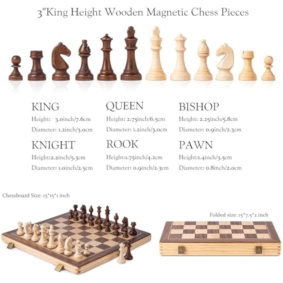 A&A 15" Magnetic Wooden Chess Set/Folding Board / 3" King Height German Knight Staunton Chess Pieces/Walnut & Maple Inlaid /2 Extra Queen