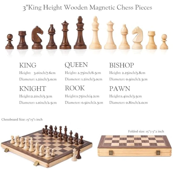 A&A 15" Magnetic Wooden Chess Set/Folding Board / 3" King Height German Knight Staunton Chess Pieces/Walnut & Maple Inlaid /2 Extra Queen