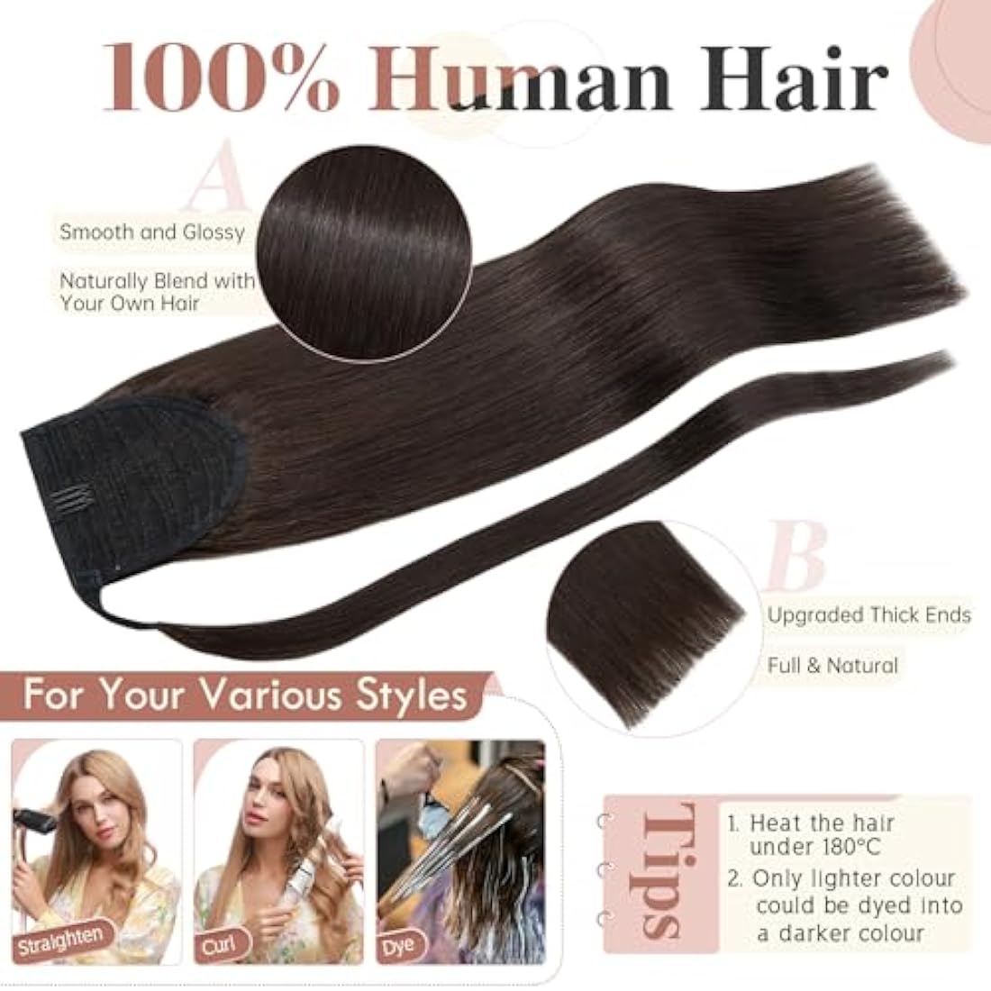 Elailite Human Hair Ponytail Extension Straight - Wrap Around Clip in Real Hair Ponytail 100% Remy Hair (#2 Dark Brown, 14 Inch)