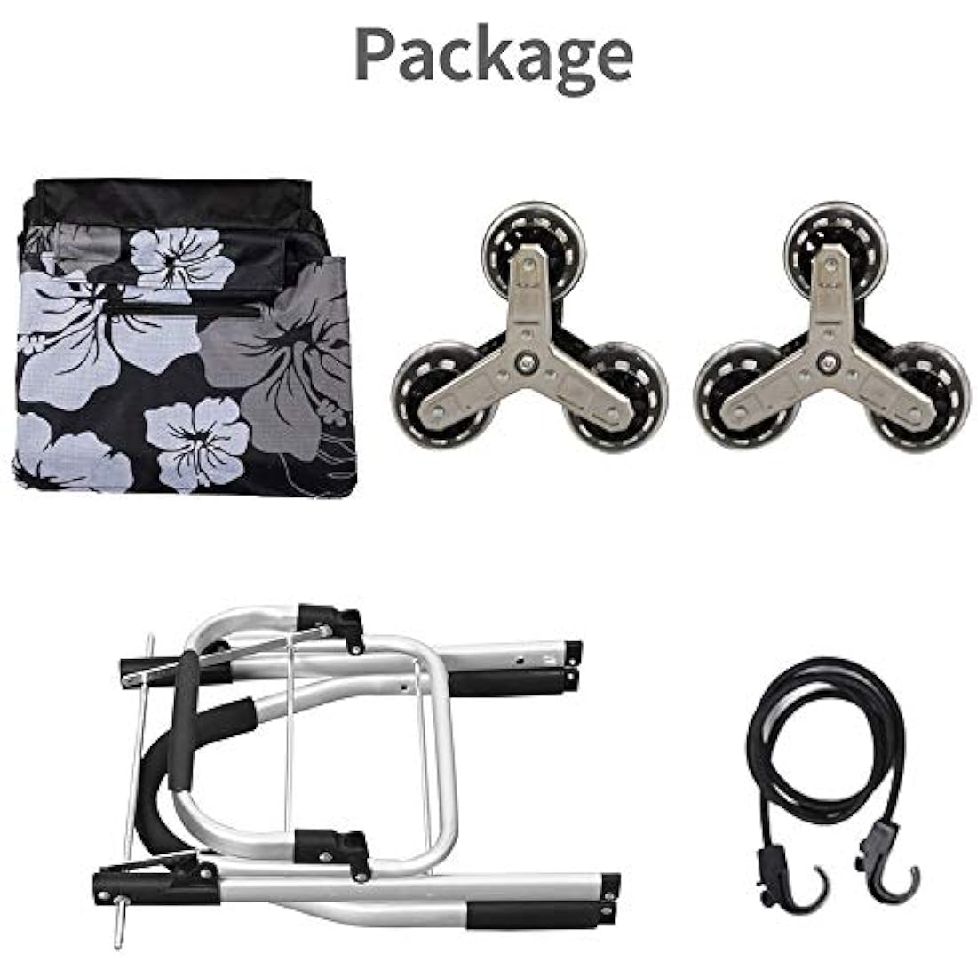 Folding Shopping Trolley 6 Wheels Stair Climber Cart with Removable Bag and Adjustable Elastic Cord 2 Extra Pockets Utility Trolley maximum capacity 50kg 45L (Flower)