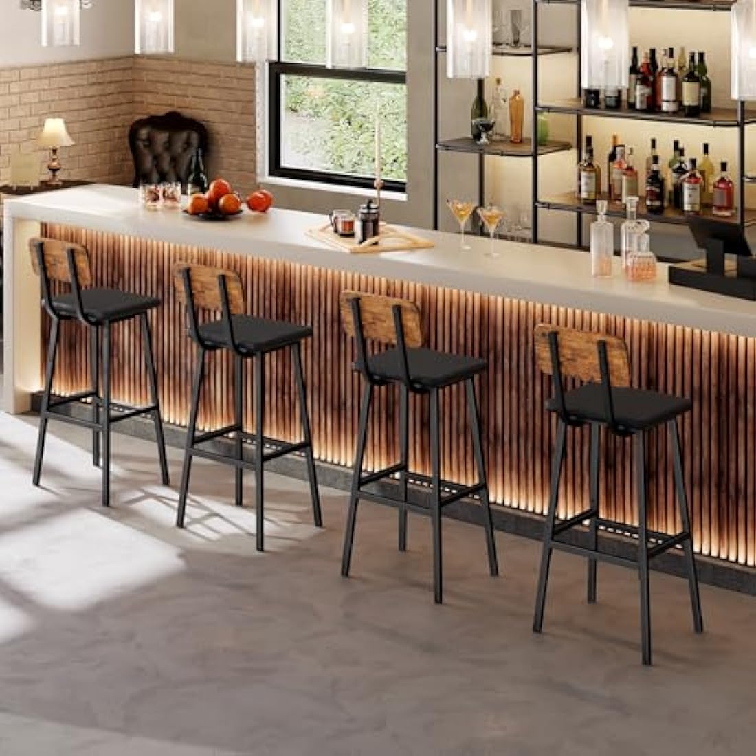 HOOBRO Bar Stools Set of 2, PU Upholstered Breakfast Bar Stools, Industrial Barstools with Backrest and Footrests, Bar Chairs for Kitchen, Dining Room, Bar, Rustic Brown and Black EBF84RBY01G2