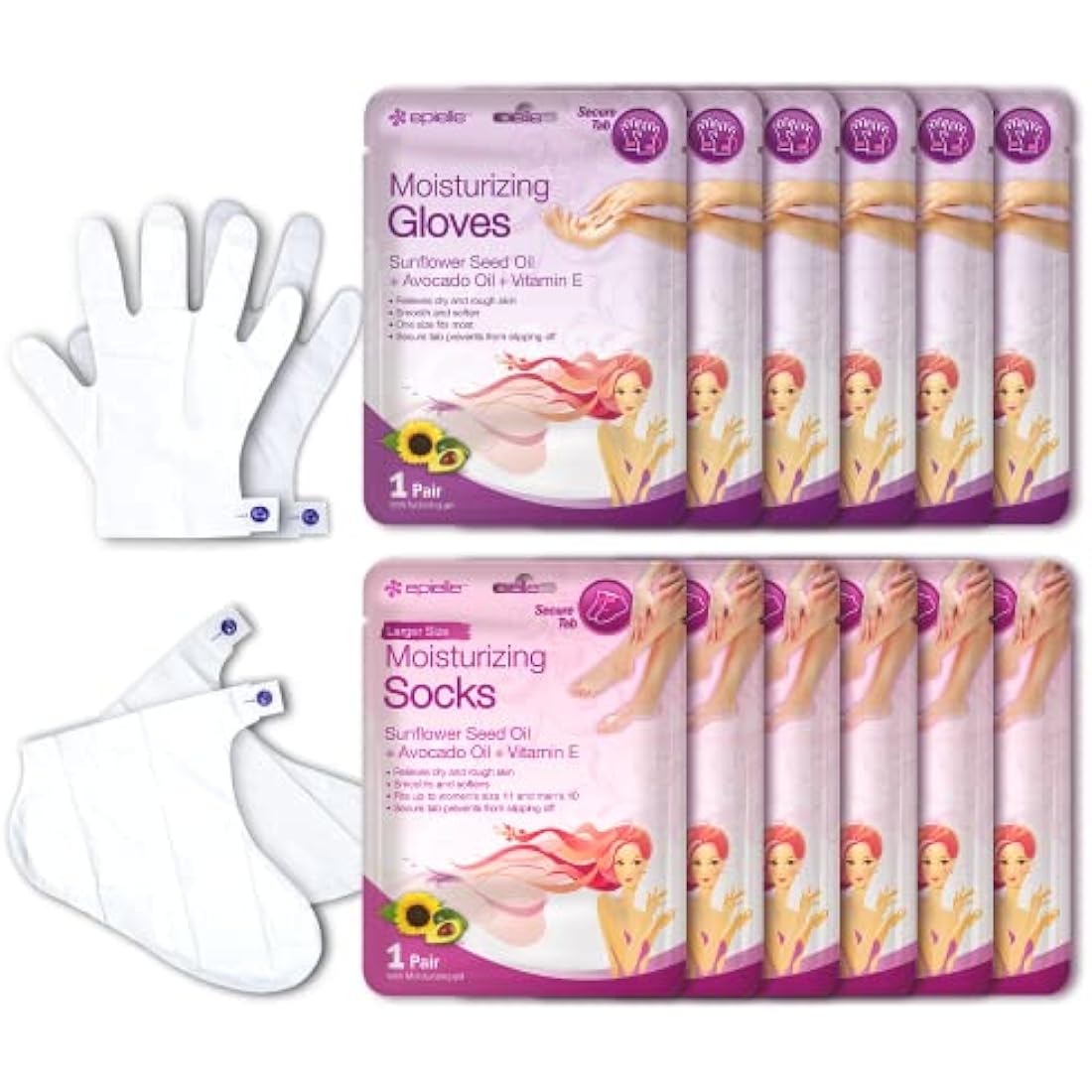 Epielle Moisturizing Hand & Foot Masks 12 Pairs, Soften Dry Hands & Cracked Heels with Sunflower Seed Oil & Avocado Oil, Korean Skin Care, Spa Self Care Gifts for Women, 6 Gloves & 6 Socks