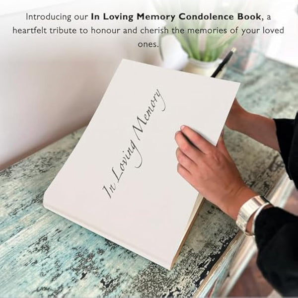 in Loving Memory Condolence Book - 96 Pages with Silver Gilt Pages & Storage Box - Hardcover Memorial Guest Book with 1152 Message Lines & Keepsake Pocket - for Funeral Services (White, 218x160mm)