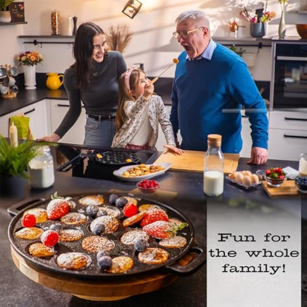 IRONO Poffertjes Pan - Mini Pancake Maker - Pancake Pan - 19 Mini Pancakes - Eggs Crepe Pan - Cast Iron - Includes Brush, Turning Fork, Batter Bottle, Handles