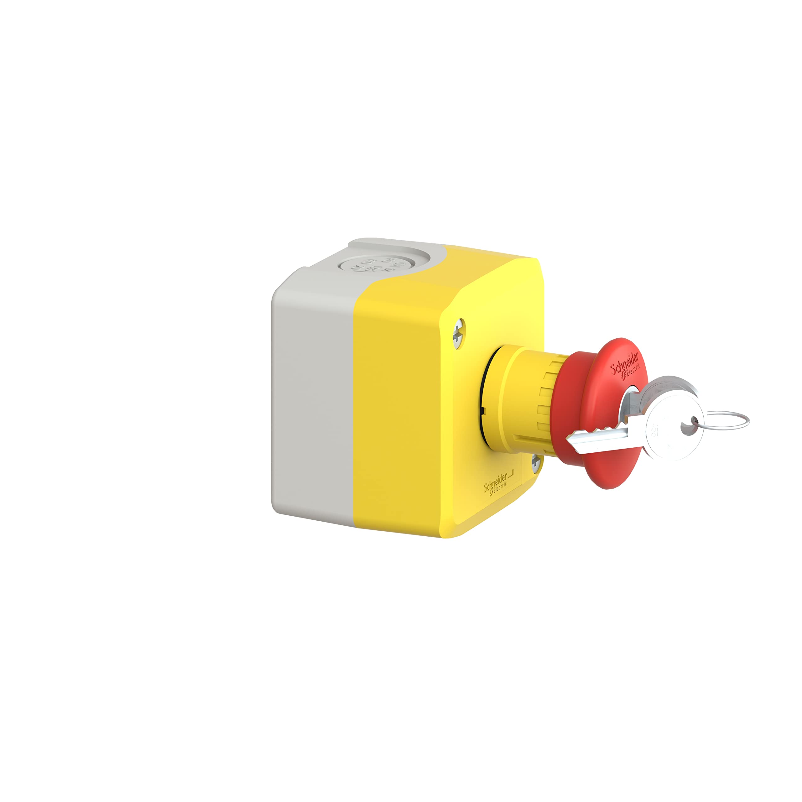 Schneider Electric Control station, plastic, yellow lid, 1 red mushroom push button Ø40, key release, 1 NO + 2 NC