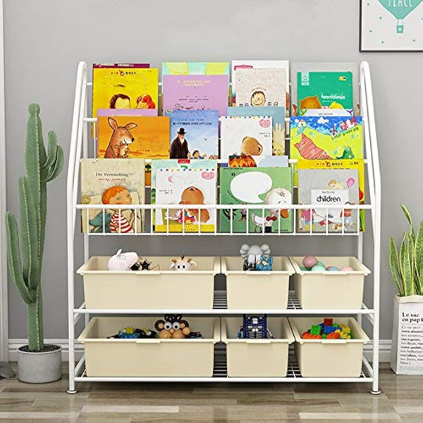 5 Tier Children's Book Organizer, Kids Book and Toys Storage, Space Saving Kids Bookcase, Display Bookshelf Stands Shelf for Study Living Room Bedroom (Plastic Storage Box Not Include)