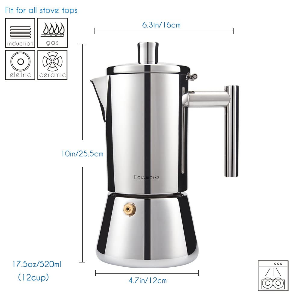 Easyworkz Diego Stovetop Espresso Maker Stainless Steel Italian Coffee Machine Maker 12cup 520ml Induction Moka Pot