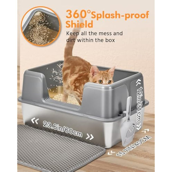 Papettly Extra Large Stainless Steel Litter Box, 36L Cat Litter Tray with Splash-Proof Lid, Easy Cleaning Odor-Less XL Cat Litter Tray with Double Layer Litter Mat, Litter Scoop, Brush, 60x40x31CM