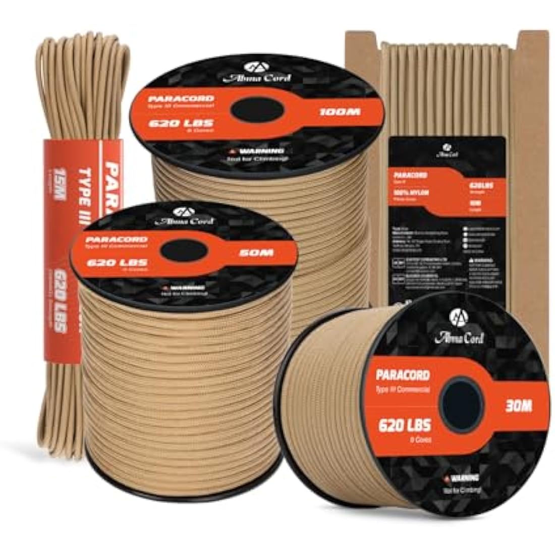 Abma Cord Paracord 4mm 100m 100% Nylon Rope 9 Strands Type III Parachute Cord for DIY, Camping, Survival, Outdoor - Max. 280kg - Tan