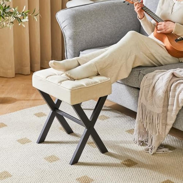 IBUYKE Square Makeup Stool with X-Leg Foot Rest, Linen Footrest, Ottoman Seat Vanity Stool, Multi-Use as Small Side Table, for Bedroom, Living Room, Linen L/G-70Y