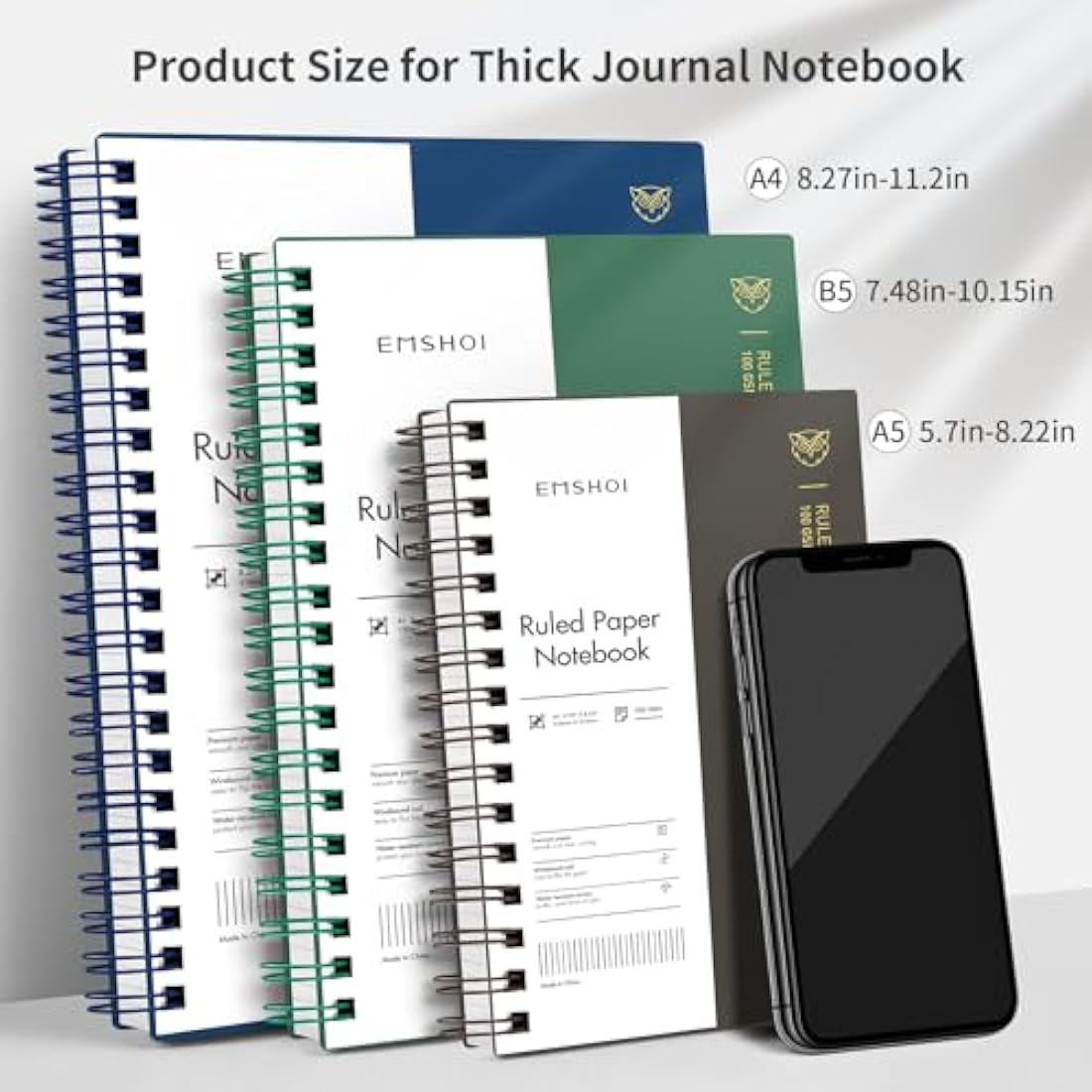 EMSHOI B5 Notebook College Ruled, Spiral Notepad 150 Sheets/300 Pages, 100gsm, PVC Cover, Sticky Notes, Pocket, Pen Loop, Ruler, Bookmark, Lined Journal for Women Men Writing, 19 x 25cm, Dark Green